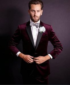 Handsome Velvet Groom Tuxedos Burgundy Groomsmen Wedding Tuxedos Popular Men Formal Prom Jacket Blazer Suit(Jacket+Pants+Tie) 1296