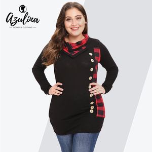 AZULINA Plus Size Women Sweatshirt Cowl Neck Long Sleeve Plaid Buttons Pullover Sweatshirts 2018 Casual Ladies Tops Clothes 5XL