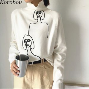 Korobov Koreanische Frauen 2019 Neue Pullover Cartoon Stickerei Weibliche Jumper Langarm Pullover Rollkragen Mujer Sueter 76271 T200101