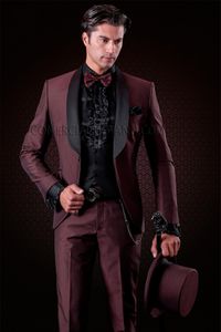 Burgundy Groom Tuxedos Black Lapel Groomsman Wedding 3 Piece Suit Fashion Men Business Prom Party Jacket Blazer(Jacket+Pants+Tie+Vest) 2264