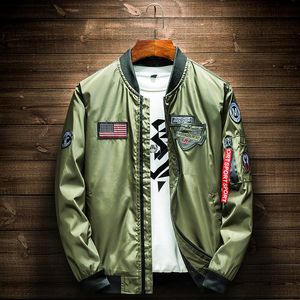 Moda masculina bandeira americana remendo projetos jaqueta piloto fitas bolso com zíper uniforme de beisebol casaco masculino jaqueta bomber verde do exército