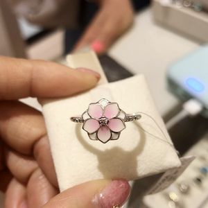 Wholesale- Magnolia Rings Pink Handmade Epoxy 925 Sterling Silver with Box for Pandora Jewelry Women's Rings Birthday Gift