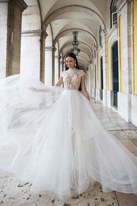 2020 Boho Wedding Dresses High Neck Cap Sleeve Lace Tulle Bridal Gowns With Ruffle Skirt Beach Princess Wedding Dress Custom243S