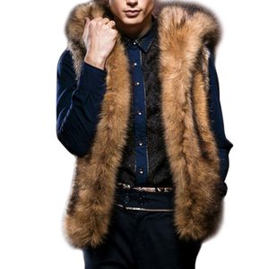 Winter Mens Luxury Fur Vest Varma Ärmlös Jackor Plus Storlek Hooded Coats Fluffy Faux Fur Jacket Chalecos de Hombre