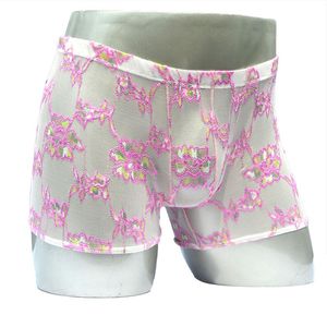 Rosa spets boxer shorts män sexiga se genom trosor nyhet blommig broderi briefs elastiska midja gasbindas andningsbara underbyxor