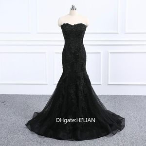 Luxury Black Navy Blue Beading Mermaid Tulle Wedding Dress Bridal Gown Sweetheart Ärmlös Elegant Bridal Gowns Real Photo