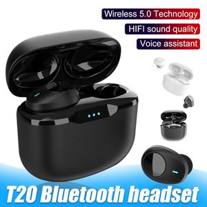 T20 TWS Bluetooth 5.0 Earphones In-Ear Wireless Headphones med Mic HD Call Buller Reduction Sport Earputs för Android Telefon i Retail Box