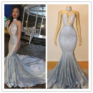 2020 Sparkly Sexy Mermaid Prom Dresses Silver High Neck Long Lace Sequins Beaded Backless Afton Gowns Formell Party Dress BC0679