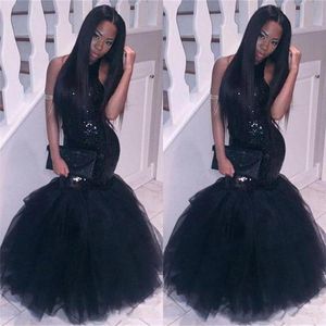 Paljetter Sparkly Black Mermaid Prom Dresses Tulle golvlängd rygglös ärmlös afrikansk skräddarsydd plus storlek formella aftonklänningar