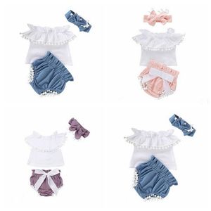 Baby Tjej Kläder Ställer Tjejer Av Axelskjorta Shorts Bowknot Headband 3pcs Suit Summer Bomull Linen Ruffled Collar Tassels Outfits Zyq574