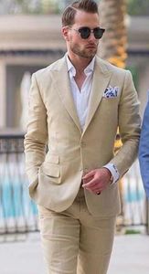 Handsome Beige Men Wedding Tuxdos Peak Lapel Slim Fit Groom Tuxedos Excellent Men Jacket Blazer 2 Piece Suit(Jacket+Pants+Tie) 2679