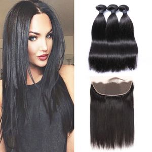 8A Cabelo Virgem Brasileiro Com Fechamento Extensões de 3 Feixes de Cabelo Liso Brasileira Com 13x4 Lace Encerramento Não Transformados Remy Tecer Cabelo Humano