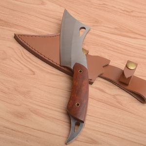 Nytt ankomstfäst Blad Kök Knife 440C Satin Blade Full Tang Wood Handle Outdoor Camping Vandring Staka knivar med läderhölje