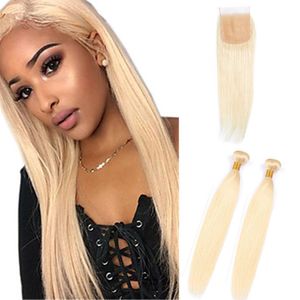 Malezyjskie włosy Ludzkie Proste 3 części / Lot Virgin Hair 613 Blond Hair Extensions 613 Kolor Yirubeuuty 2 Wiązki z zamknięciem koronki 4x4