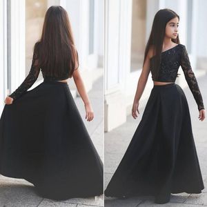 New Black Flower Girls Two Pieces Satin Long Sleeve One Shoulder Girl Pageant Dresses Teens Kid Wear Birthday Party Communion Dress