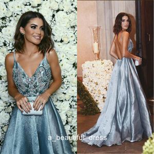 Backless Sexy Prom Dress Długie Sweep Pociąg Aplikacja Zroszony Spaghetti Rękawów Formalne Suknie Party Wear Plus Size Suknie wieczorowe PD5573