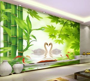 美しい竹スワン湖の風光明媚な眺めの寝室の背景壁の装飾壁画壁紙