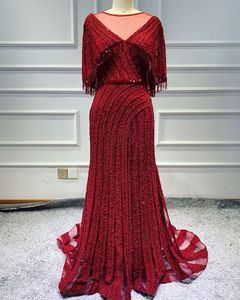 Red Sequins A Line Prom Dresses Beads Sheer Jewel Neck Short Sleeves Evening Gowns With Tassels Sweep Train Formal Party Dress