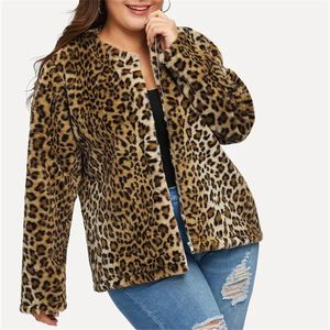 Loose Leopard Print Wool Fur Women Coats Winter Plus Size XL-5XL Long Sleeve Zipper O Neck Warm Jackets Casual Office Lady 2019