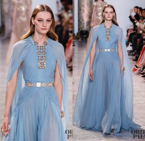 Ljusblå prom klänningar med wrap chiffong juvel nacke en linje bälte sopa tåg billig zuhair murad kväll kläner formell tillfälle klänning