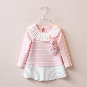 2-6 Jahre Mädchen Baby Dreidimensionales Kaninchen Dreess Kinder Langarm gestreiftes Kleid Kind Lotusblatt Kragen Rock Hemdkleid Markenkleidung