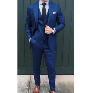 Three Piece Wedding Men Suits Navy Blue Groom Tuxedos Peaked Lapel Formal Jacket Pants Vest Man Blazer Waistcoat
