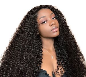 Kinky Curly Renda dianteira Peruca Brasileira Virgem Humana Cabelo Completo Perucas De Laço Para As Mulheres Cor Natural