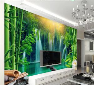 murais 3d papel de parede para sala de estar simples e paisagens cachoeira parede de fundo TV fresco floresta de bambu