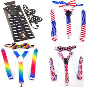 Fashion Flag Suspenders 2.5 * 100cm elastisk y-back + bowtie set 11 färger regnbåge justerbara hängslen för vuxen klipp-på hallowmas julklapp