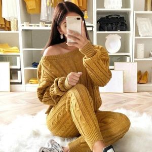 2019 Outono Mulheres Algodão Tracksuit Camisola Calças Conjuntos Top + Calças Knit Set Off Should Knitted Terno Mulheres Outwear 2 pcs