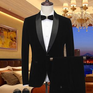 Popular Black Velvet Groom Tuxedos Shawl Lapel Groomsmen Wedding Dress Autumn Winter Style Men Formal Party Prom Suit(Jacket+Pants+Tie) 92