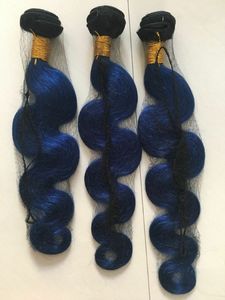 Blue Ombre Brazilian Body Wave Human Virgin Hair Black And Blue Weft Extensions