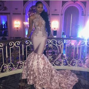 Sexy Black Girls Mermaid Evening Dresses High Neck Dusty Pink Prom Dress 2019 Cut-out Top Beaded Sequined Long Formal Party Gowns
