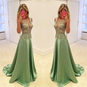 Prom Dresses Zanurzanie V Neck Olive Green Satin Lace Aplikacje Zroszony Illusion Długie Suknie Wieczorowe Nosić Plus Size Formalna Party Dress Ed1341