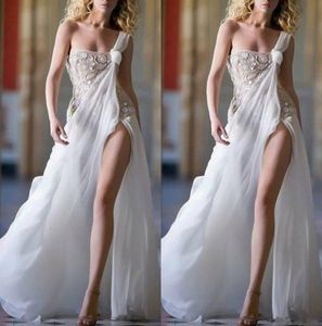 2019 New Boho A Line Wedding Dresses One Shoulder Appliqued Bridal Gowns Split Sexy Beach Wedding Dress Cheap