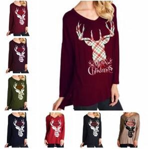 Long Sleeve T-shirts Xmas Shirts Women Christmas Letter Tops Plus Size V Neck Casual Pullover Deer Elk T-Shirt Tees Blouses Blusas A6472