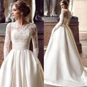 Satynowe eleganckie nowe sukienki ślubne koronkowe aplikacje Bateau długie rękawy plus rozmiar ślubny suknia nośna de novia