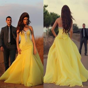2019 Glamorous Mermaid Yellow Prom Dresses Crystal Beaded Pearls Sweep Train Tulle vestido de fiesta de noche por encargo
