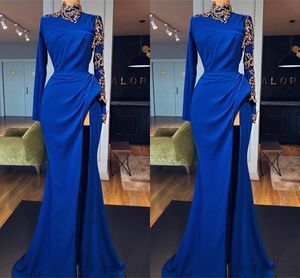 New Arrival Royal Blue Prom Dresses Long Sleeve Jewel High Side Split Long Formal Dress Evening Wear Gowns robes de soirée abiti da sera