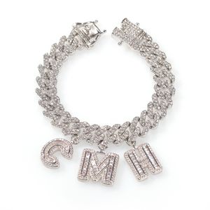 Anpassad namn baguette bokstäver med kubansk länk kedja armband Micro Pave Cubic Zircon Iced out hip hop smycken