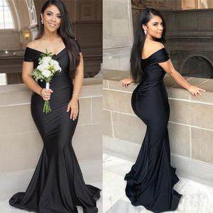 Siyah Mermaid Nedime Elbiseler Seksi Kapalı Omuz V Boyun Pleats Uzun Düğün Konuk Partisi Törenlerinde Balo Elbise BD9031