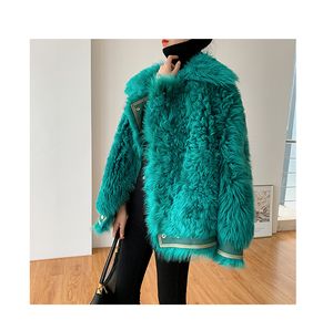 New design women's turn down collar peacock green color double faced faux fur loose warm long sleeve jacket coat plus size S M L XL