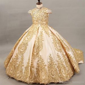 Custom Made Vintage Flower Girl Dresses High Neck Lace Applique Crystals Sequins Pageant Gowns Kids First Communion Dresses