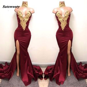 ASO EBI Burgundy Long Mermaid Sukienki Prom Nigeria Sexy High Side podzielone suknie balowe na ramię afrykańskie aplikacje