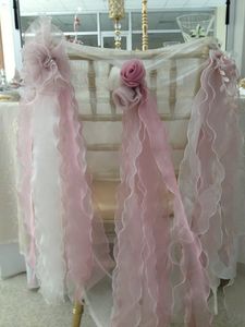 2019 Organza Ruffles Blommor Bröllopsstol Sashes Romantiskt Vacker Stolskydd Billiga Skräddarsydda Bröllop Tillbehör C02