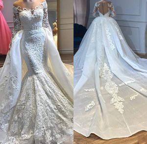 2020 New Sexy Luxurious Mermaid Wedding Dresses Sheer Neck Lace Appliques Beads Long Sleeves Plus Size With Overskirts Long Bridal Gowns