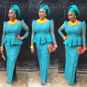 Nigerianska kvällsklänningar blå Aso Ebi Lace Mermaid Evening Dress Långärmad Afrikansk Formell Party Dress Vestido de Festa