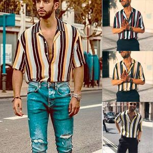 2Colors Mens Striped Hawaii T Shirts Män Sommar Fritid Slå ner Collar Single Breasted Short Sleeve T-shirts Males Mode kläder