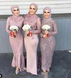 Muslim Satin Long Sleeve Lace Bridesmaid Dresses With Hijab Applique Sheath Wedding Guests dama de honra adulto Maid Of Honor Dresses BC1713