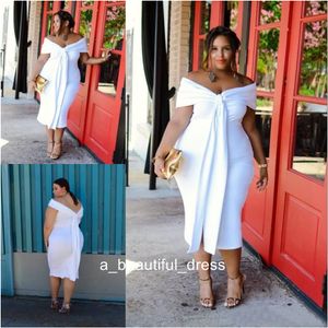 Charming White Plus Size Prom Dresses Off The Shoulder Short Evening Gowns Sleeves Cheap Tea Length Backless Formal Dress ED1137